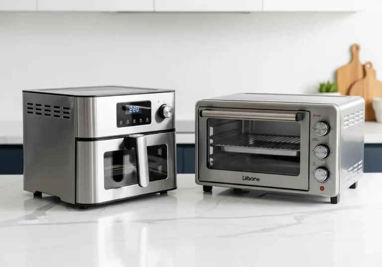 Uma Air Fryer Oven e um forno elétrico de bancada, ambos em aço inox, posicionados lado a lado sobre uma bancada para um comparativo visual.