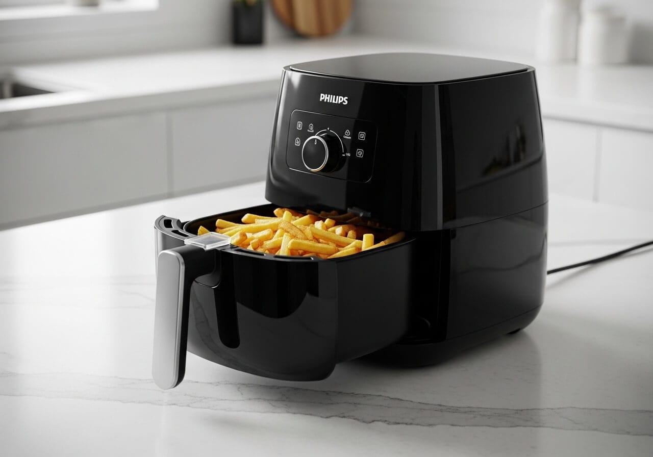 A Air Fryer Philips Walita Essential XL Digital, um dos melhores modelos da marca, mostrando seu resultado com batatas fritas perfeitamente douradas no cesto.