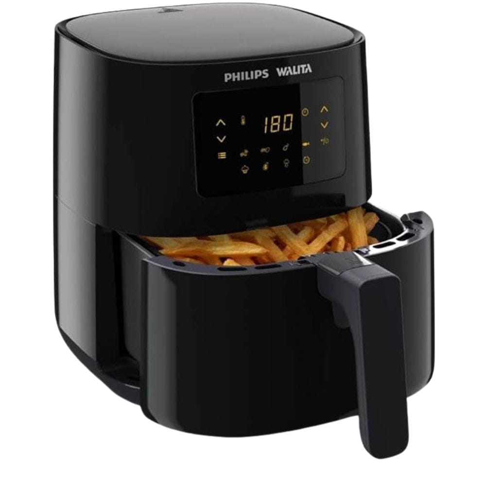 Air Fryer Philips Walita RI9252 Digital, com o cesto aberto e cheio de batatas fritas crocantes, demonstrando o resultado da tecnologia RapidAir.