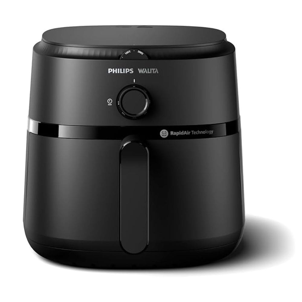 Air Fryer Philips Walita Série 1000 XL, modelo NA130 de 6,2 litros, na cor preta, mostrando seu design robusto e os controles de temperatura e tempo manuais.