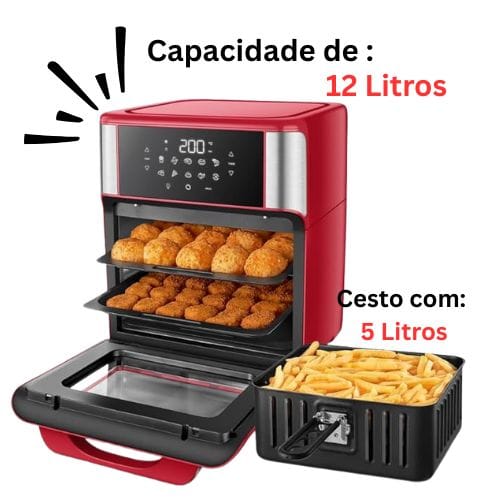 Infográfico da Air Fryer Oven Mondial de 12 litros com a porta aberta, mostrando a capacidade total, o cesto de 5 litros com batatas fritas, e as grelhas internas com alimentos.
