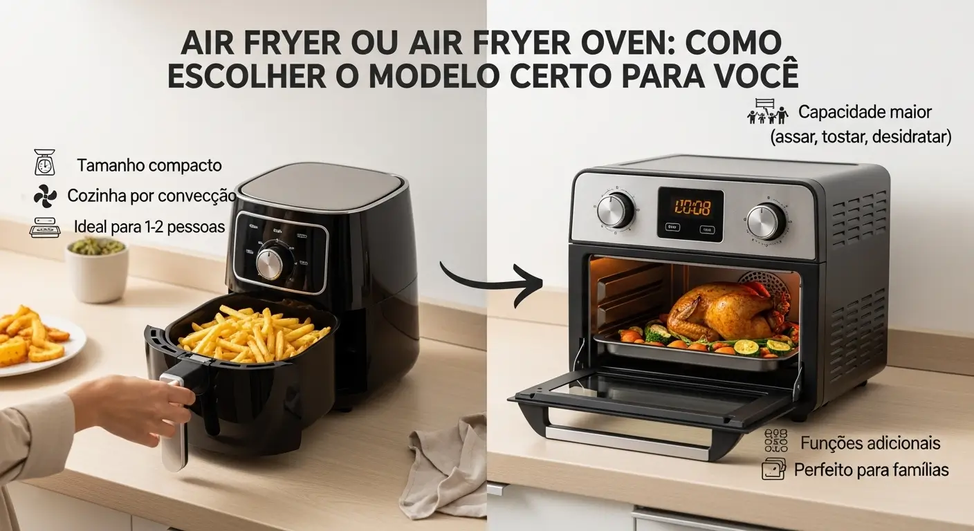 Comparativo visual entre uma air fryer de cesta, descrita como compacta e ideal para 1-2 pessoas, e uma air fryer oven, com maior capacidade e funções adicionais para famílias.