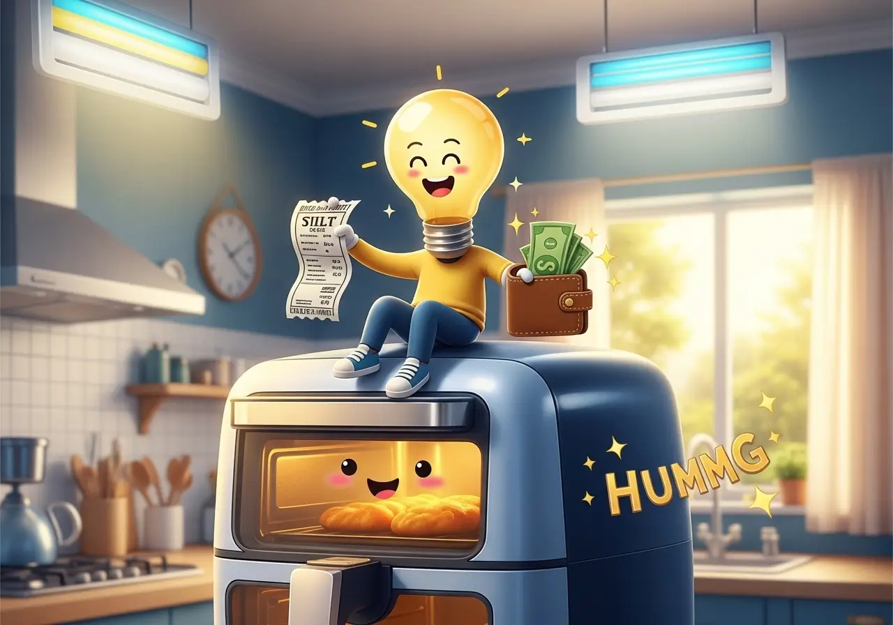 Consumo de Energia Air Fryer Oven: Imagem ludica sobre Economizar na Conta de Luz.