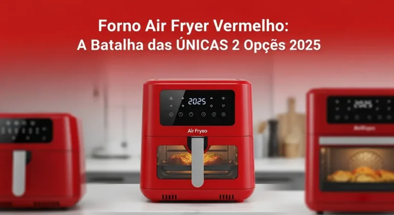 Imagem de destaque de um artigo de blog mostrando um forno air fryer vermelho no centro de uma cozinha, com o texto "Forno Air Fryer Vermelho: A Batalha das ÚNICAS 2 Opções 2025" sobreposto.