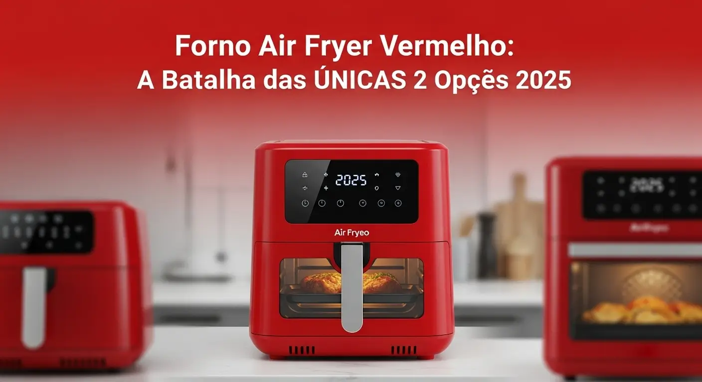 Imagem de destaque de um artigo de blog mostrando um forno air fryer vermelho no centro de uma cozinha, com o texto "Forno Air Fryer Vermelho: A Batalha das ÚNICAS 2 Opções 2025" sobreposto.