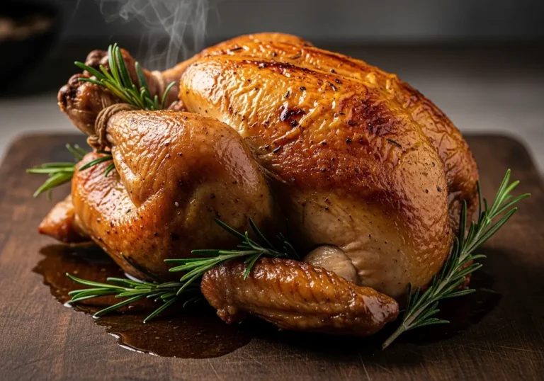 Frango assado inteiro e dourado em uma tábua de corte, com a pele crocante e soltando vapor, pronto para ser servido após ser feito na air fryer oven.