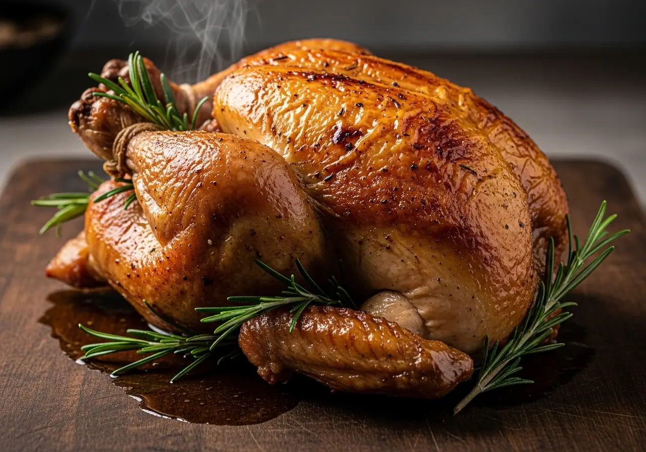 Frango assado inteiro e dourado em uma tábua de corte, com a pele crocante e soltando vapor, pronto para ser servido após ser feito na air fryer oven.