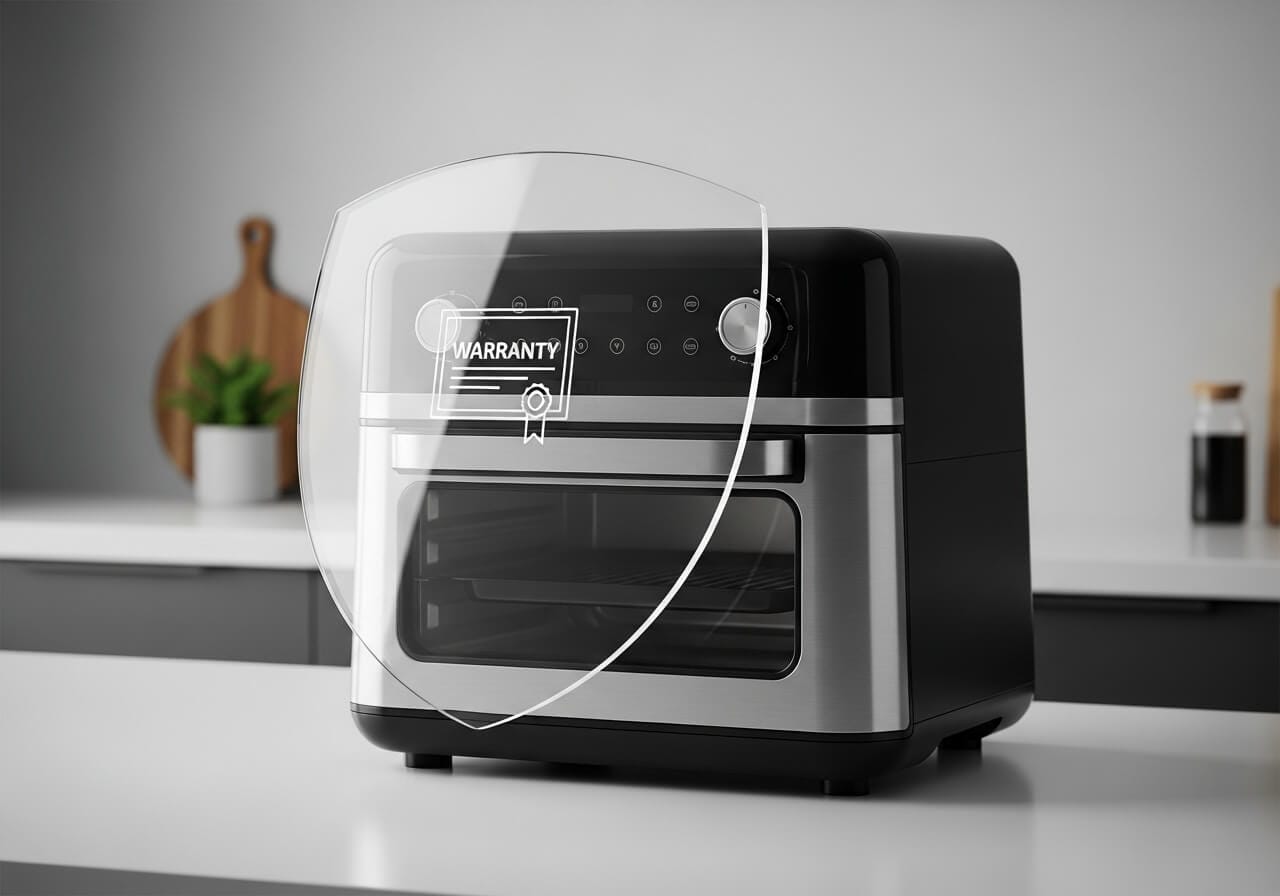 Imagem de uma air fryer oven protegida por um escudo de vidro, simbolizando a importância da garantia do produto contra defeitos.