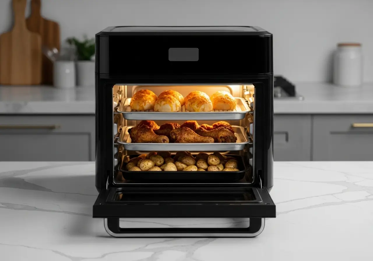 Uma air fryer oven preta, um dos melhores modelos até 500 reais, com a porta aberta mostrando alimentos variados como pães de queijo e frango assando em suas prateleiras.