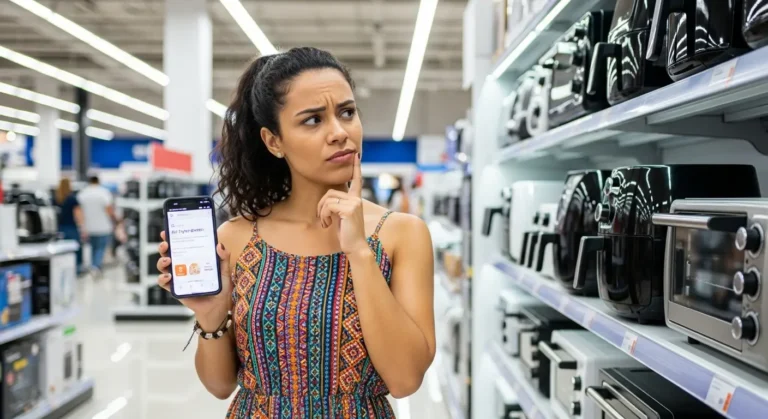 Mulher em um corredor de loja de eletrodomésticos com expressão de dúvida, segurando um celular e olhando para uma prateleira cheia de modelos de air fryers e fornos elétricos