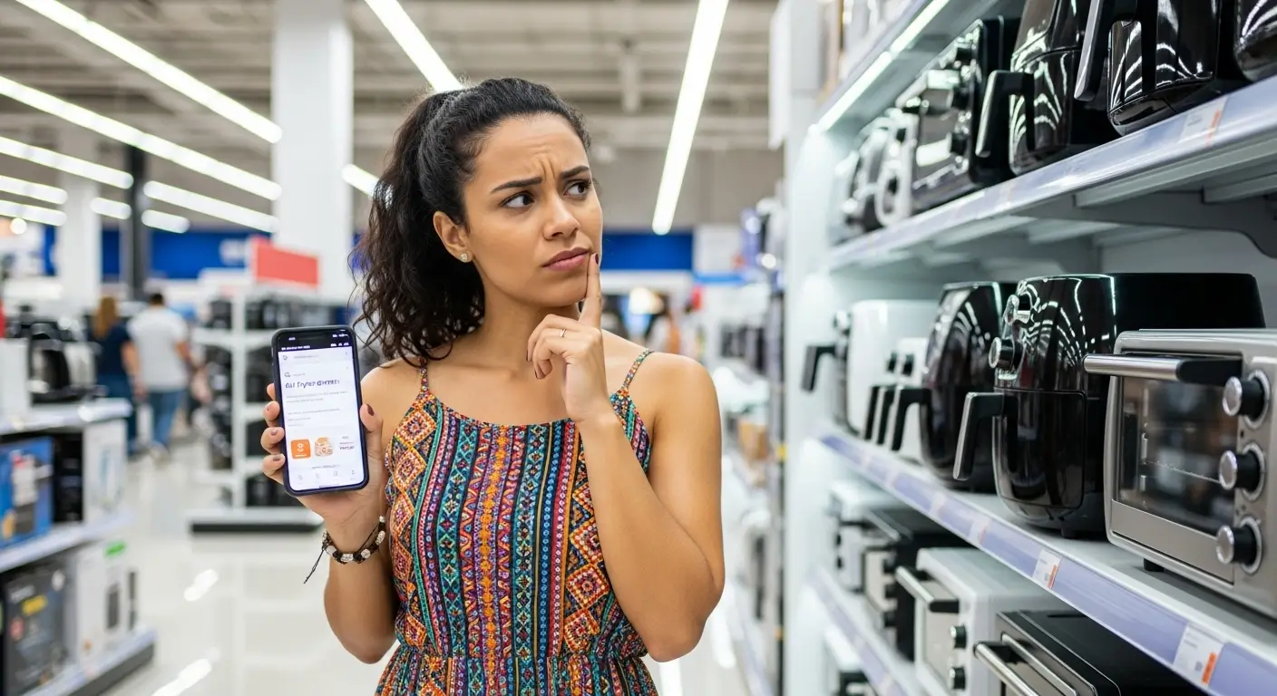 Mulher em um corredor de loja de eletrodomésticos com expressão de dúvida, segurando um celular e olhando para uma prateleira cheia de modelos de air fryers e fornos elétricos