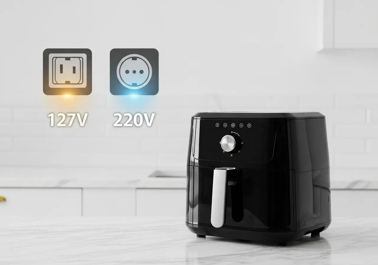 Imagem de uma air fryer oven em uma bancada com ícones de tomada 127V e 220V ao fundo, ilustrando a dúvida sobre qual a voltagem correta do aparelho.