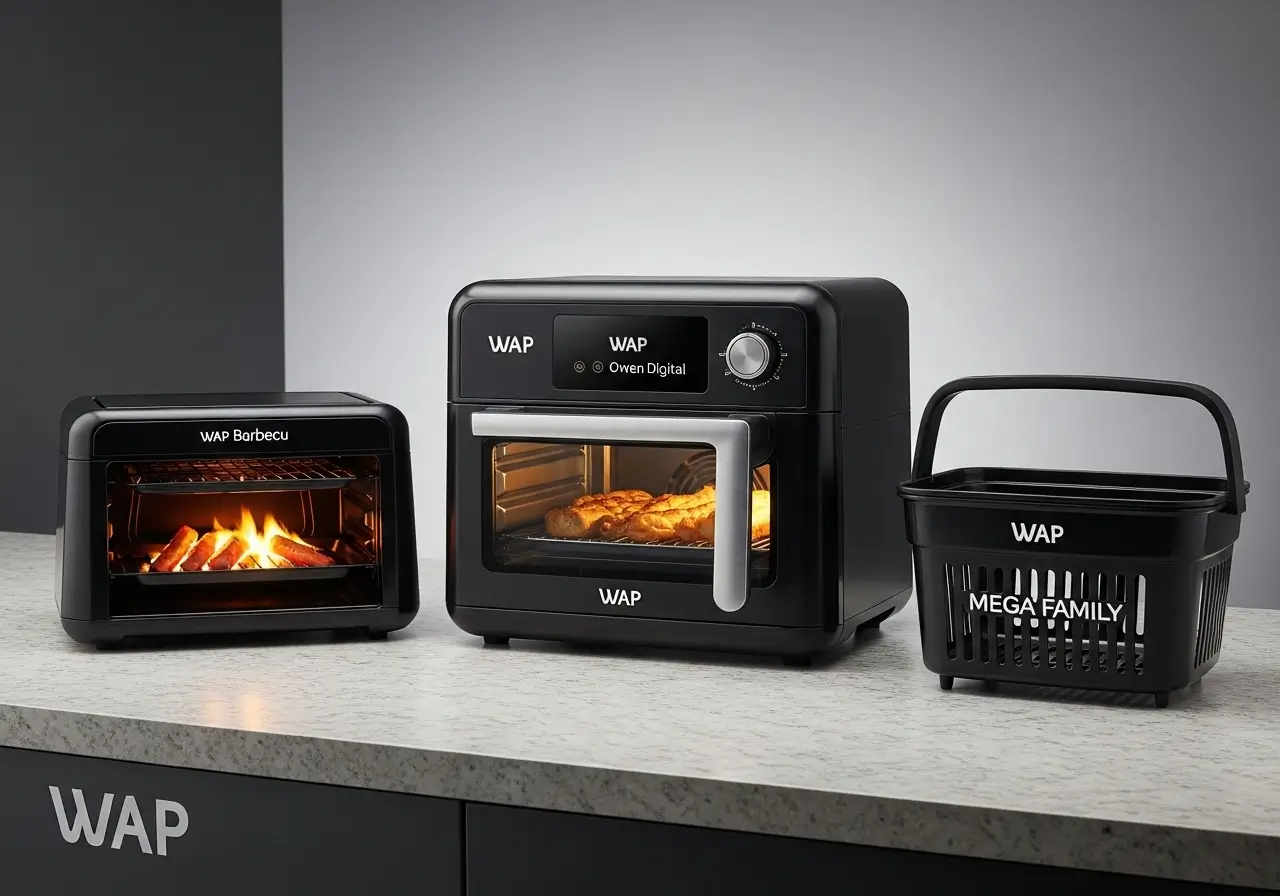 Comparativo dos três principais modelos de air fryer da WAP: Oven Digital, Barbecue Digital e Mega Family.