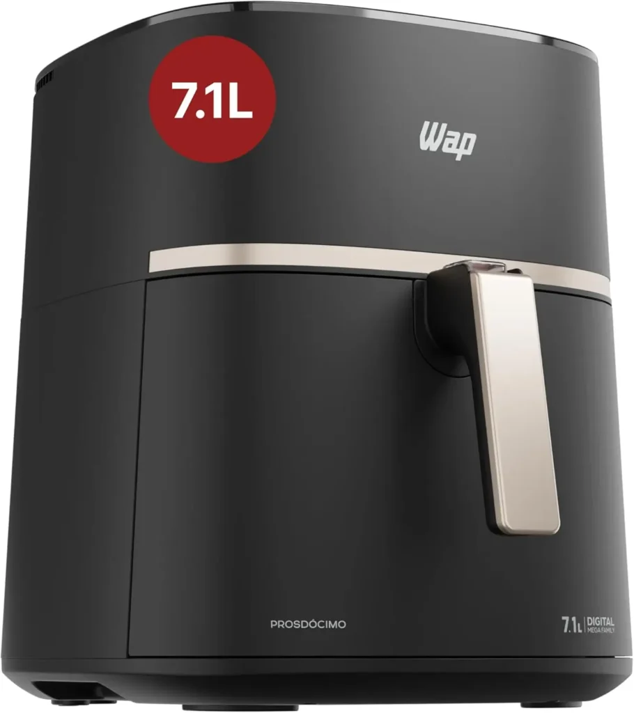 Air Fryer de cesto WAP Mega Family de 7,1 litros, com painel digital e um cesto quadrado de grande capacidade.