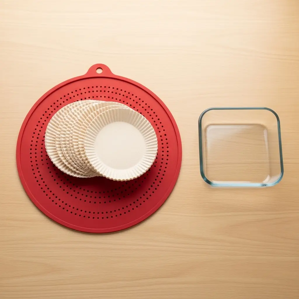 Alternativas ao papel alumínio para air fryer: um tapete de silicone, forros de papel manteiga e uma forma de vidro.