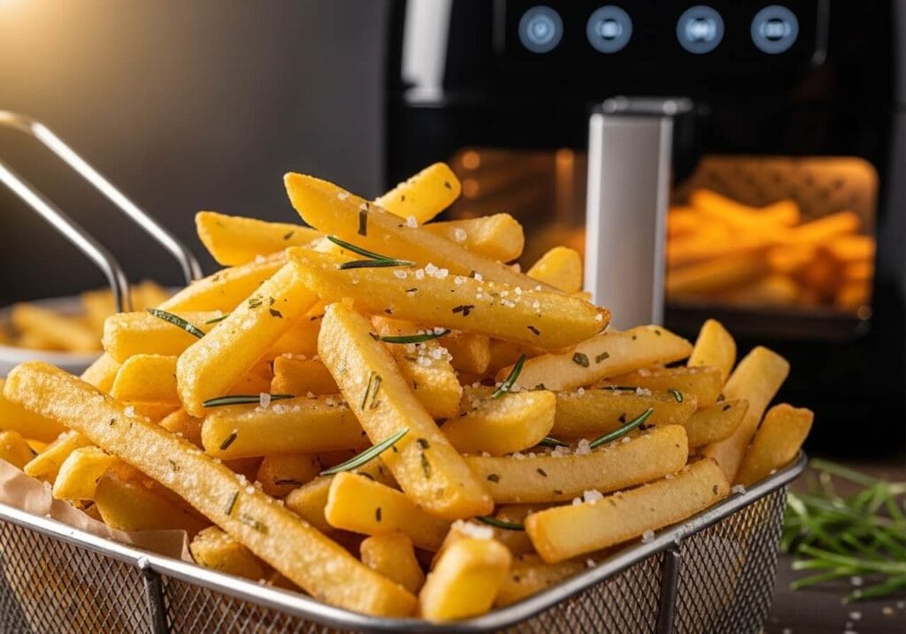 Infográfico mostrando o jeito certo (batatas espaçadas) e o errado (batatas amontoadas) de colocar a batata frita na grelha da air fryer oven.