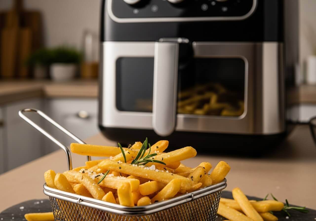 Cesta de metal rústica com batata frita crocante e dourada, feita na air fryer oven conforme o guia do artigo.
