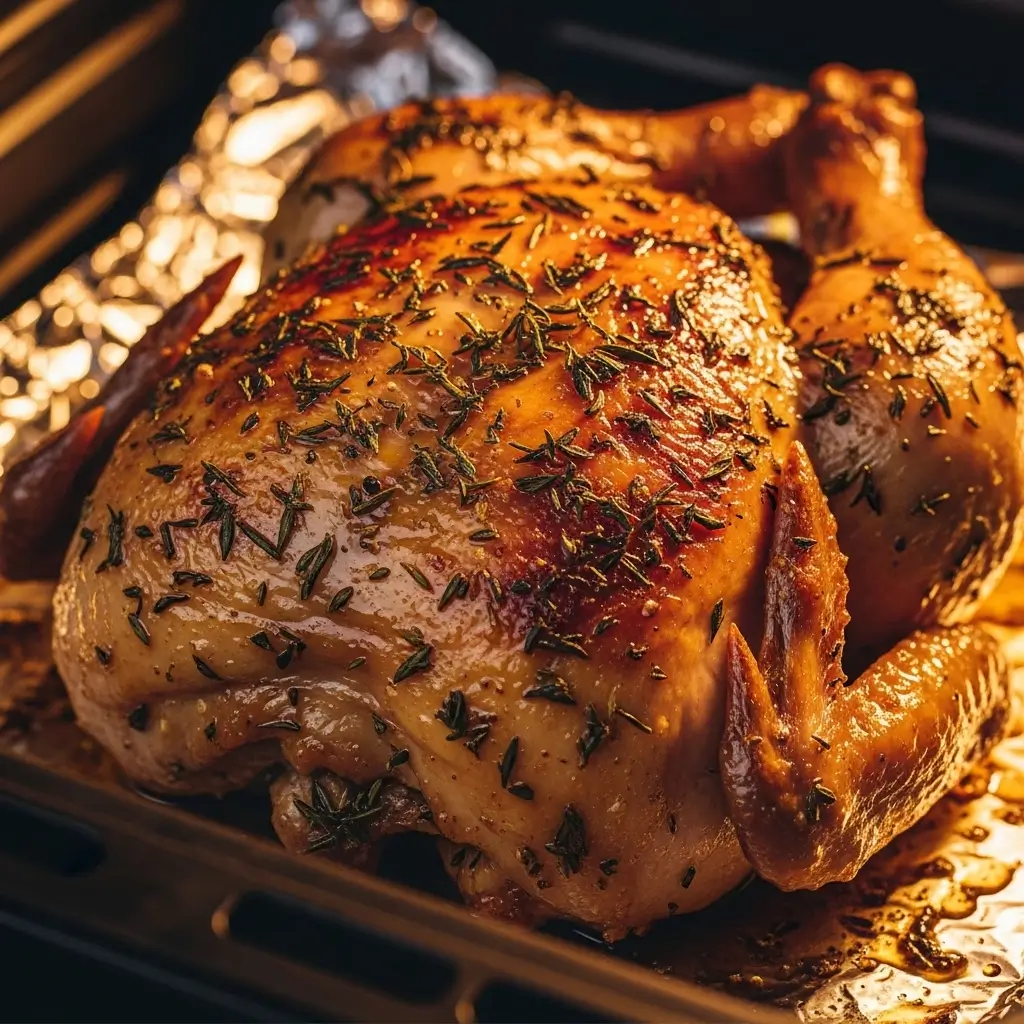 Frango assado suculento sobre papel alumínio dentro da air fryer oven, mostrando o benefício de usar a técnica para manter a umidade dos alimentos.