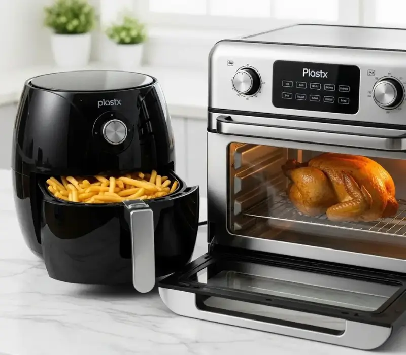 Comparativo entre uma air fryer tradicional preta com batatas fritas douradas no cesto e uma air fryer oven de inox assando um frango, lado a lado em uma bancada de cozinha moderna e clara.