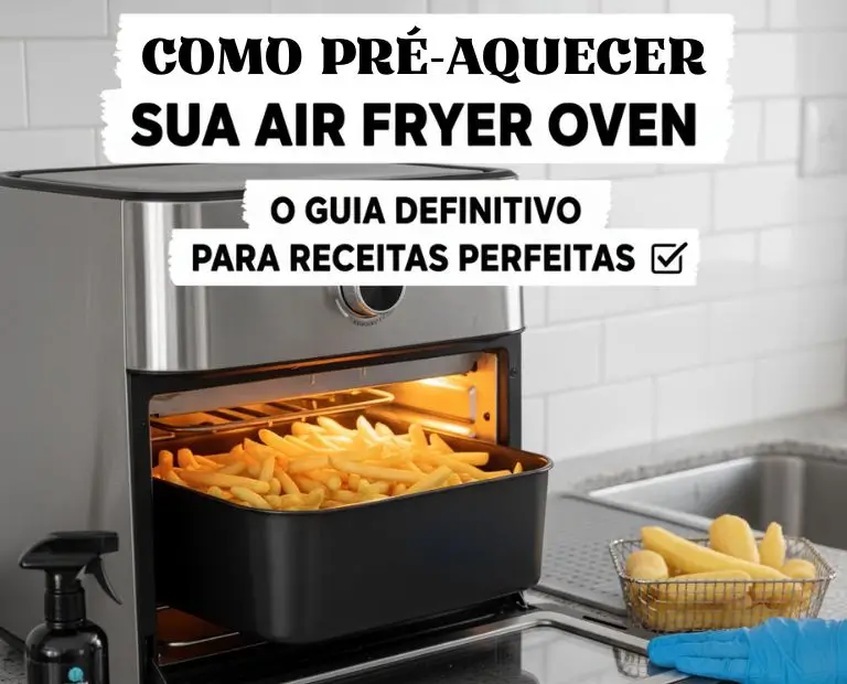 Air fryer oven prateada e preta pré-aquecendo com batatas fritas crocantes dentro, com o título "Como Pré-Aquecer a Air Fryer Oven: O Guia Definitivo Para Receitas Perfeitas" sobreposto. Uma mão com luva azul está colocando uma cesta de batatas cruas ao lado.