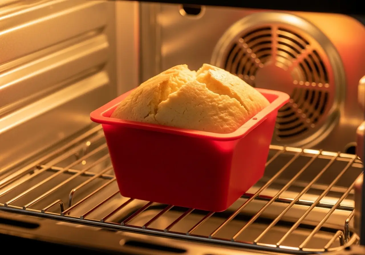 Passo a passo de como usar uma forma de silicone vermelha dentro de uma air fryer oven acesa, assando um pão caseiro.