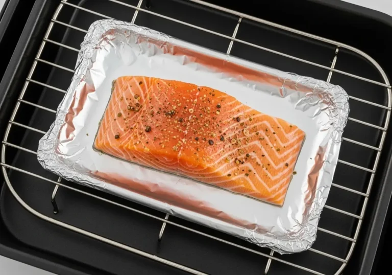 Forma correta de usar papel alumínio na air fryer oven: forrando a grelha com um filé de salmão por cima, mas deixando espaço nas laterais para o ar circular.