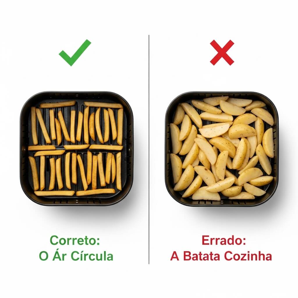 Infográfico mostrando o jeito certo (batatas espaçadas) e o errado (batatas amontoadas) de colocar a batata frita na grelha da air fryer oven.