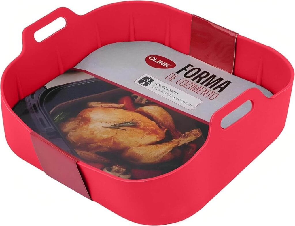 Forma de silicone quadrada azul com alças, modelo mais popular e versátil para air fryer oven.