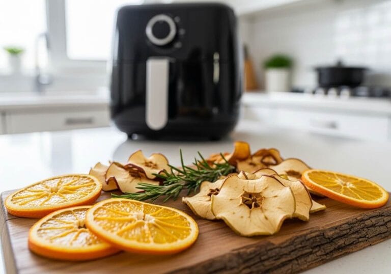 Tábua de madeira com frutas desidratadas, como laranja e maçã, e uma air fryer oven ao fundo, ilustrando o uso da função desidratar para criar snacks saudáveis.