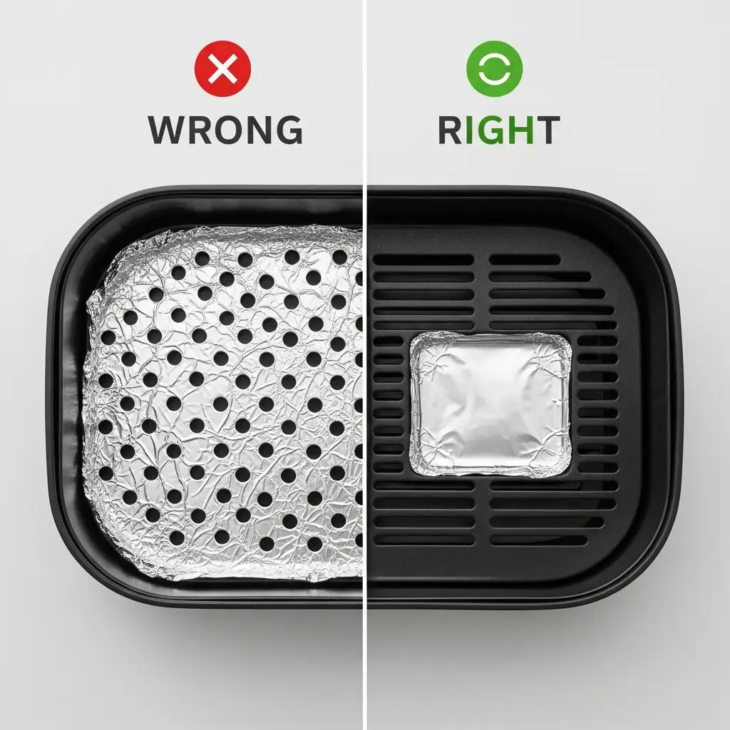 Comparativo do jeito certo e errado de usar papel alumínio na air fryer: o errado bloqueia o ar, o certo deixa espaço para circular.