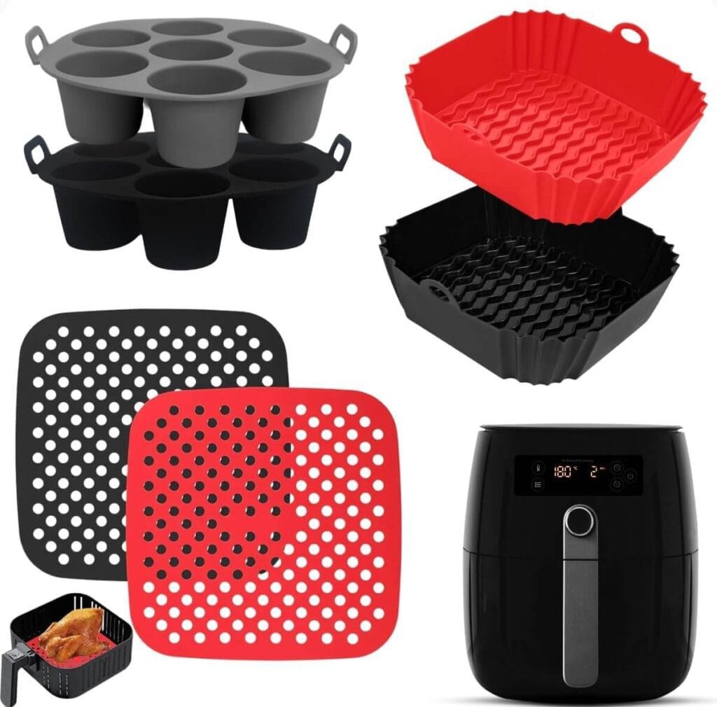 Kit de acessórios para air fryer com forma de silicone principal, forminhas de cupcake e luvas.