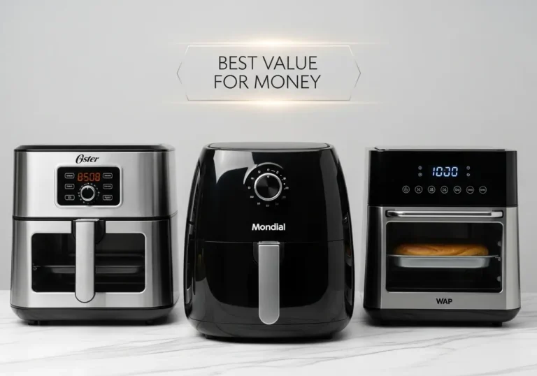 Comparativo com três modelos de air fryer oven - Mondial, Oster e WAP - alinhados para uma análise de melhor custo-benefício.