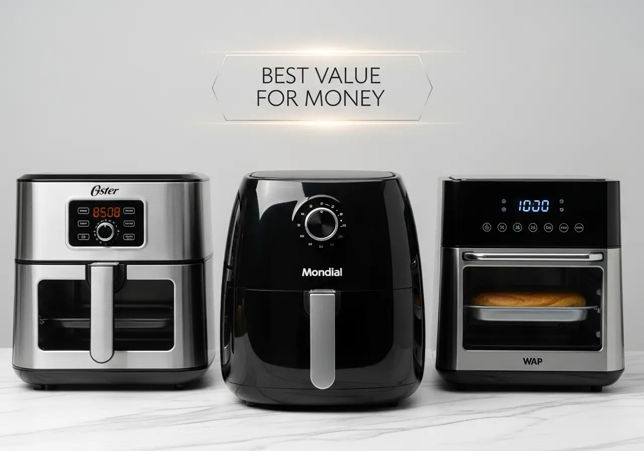 Comparativo com três modelos de air fryer oven - Mondial, Oster e WAP - alinhados para uma análise de melhor custo-benefício.