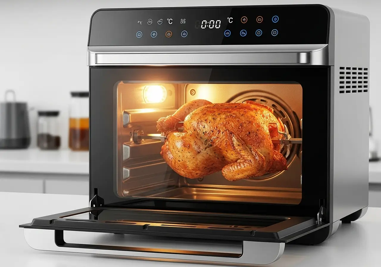 Frango inteiro assando e dourando no espeto giratório de uma air fryer oven, ilustrando a função rotisserie.