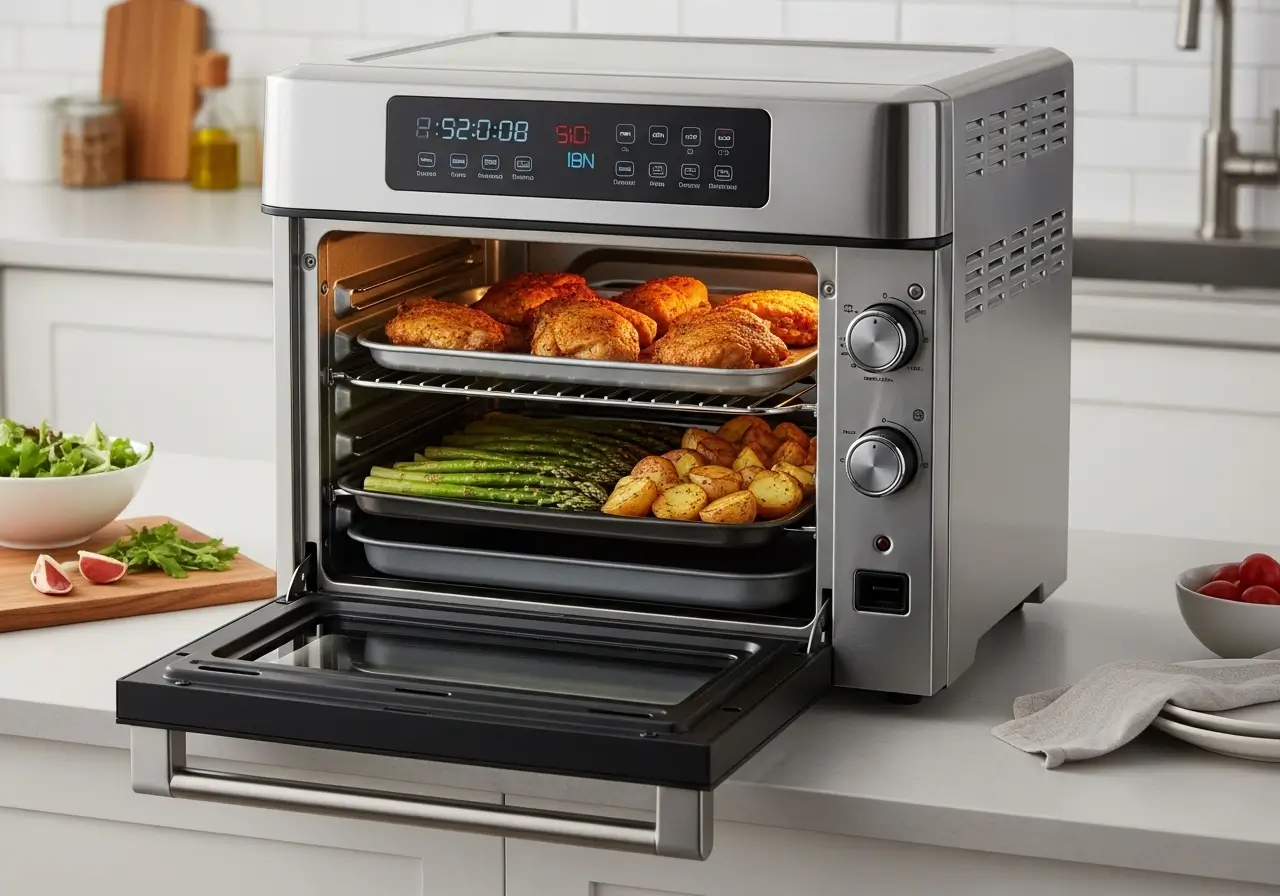 Air Fryer Oven aberta mostrando sua capacidade de cozinhar uma refeição completa em duas grelhas ao mesmo tempo: frango assado na prateleira de cima e legumes na de baixo.
