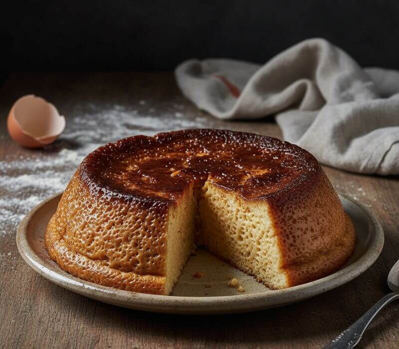 Exemplo de um pudim feito de forma errada na air fryer, com muitos furinhos e textura de borracha.