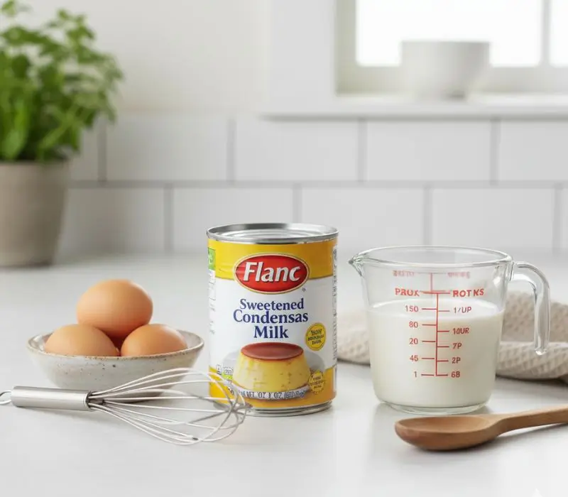 Ingredientes para a receita de pudim na air fryer: leite condensado, leite e ovos organizados na bancada