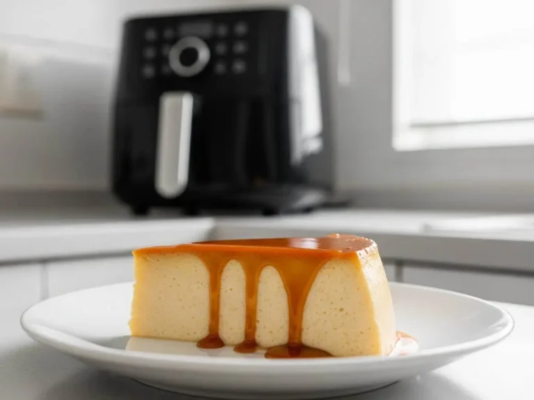 Fatia de pudim de leite cremoso e liso, com calda de caramelo escorrendo, em um prato branco. Ao fundo, uma air fryer oven simbolizando o método de preparo da receita.