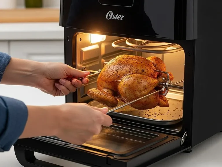 Pessoa encaixando com segurança o espeto giratório com um frango temperado dentro de uma Air Fryer Oster preta e com a luz interna acesa.