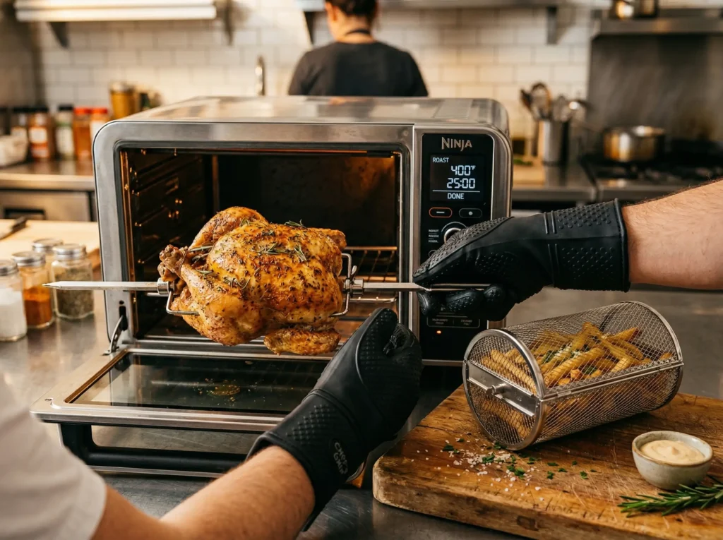Comparativo visual entre espeto giratório para aves e cesto giratório para batatas fritas de forno air fryer.