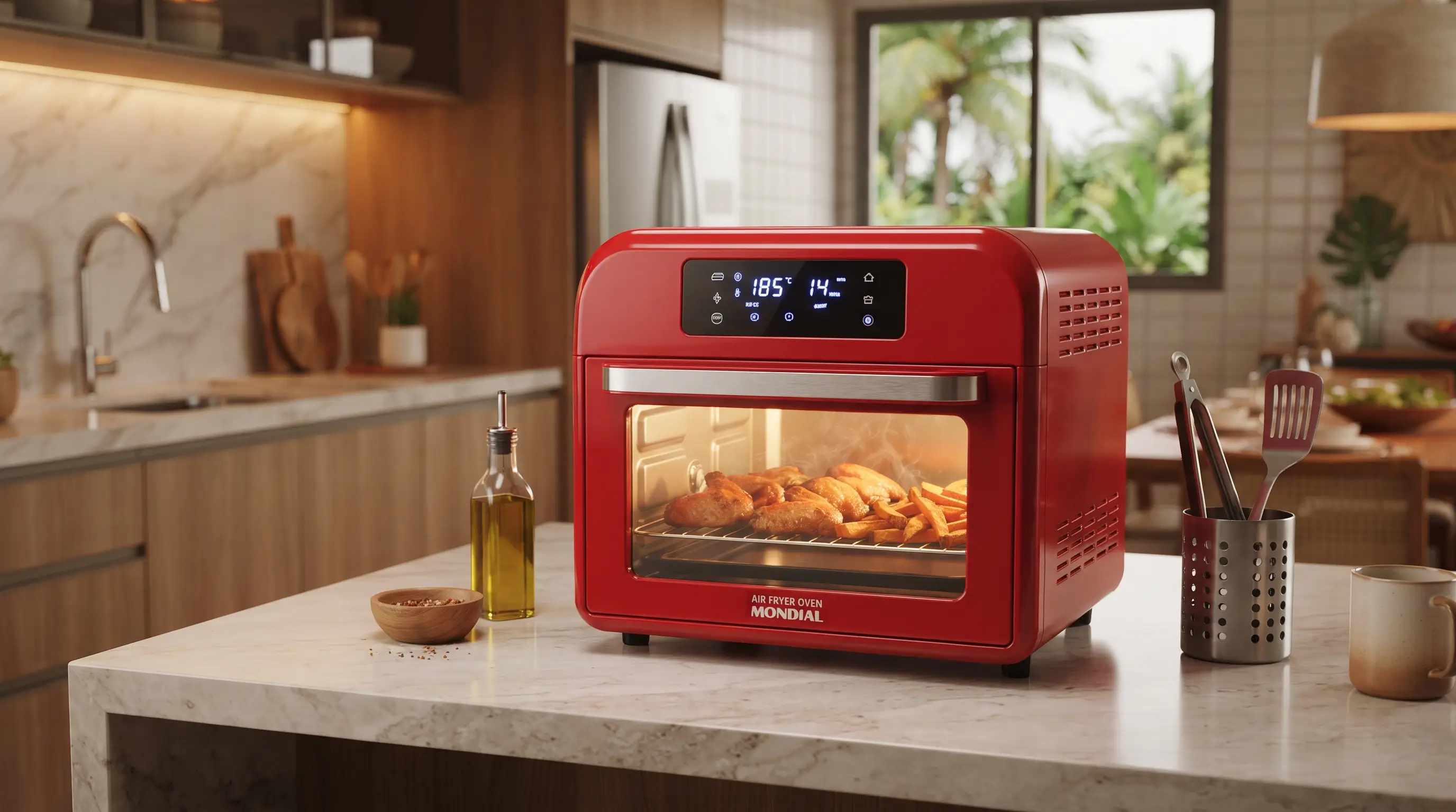 Air fryer oven ligada e iluminada na bancada de uma cozinha moderna