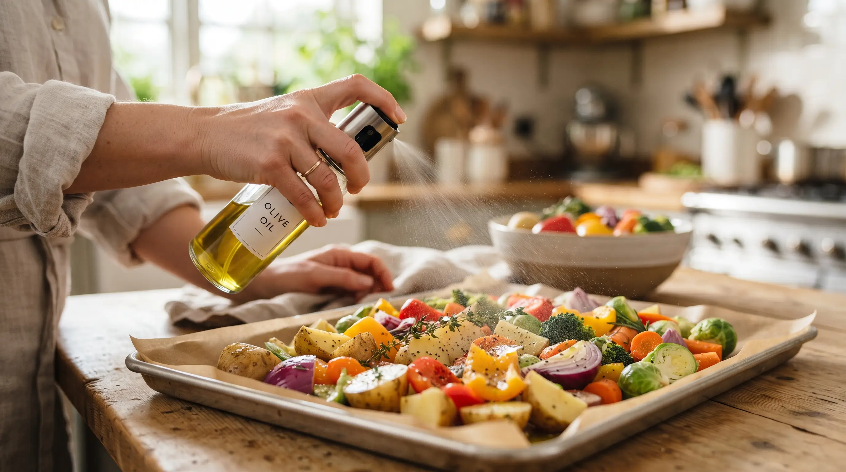 Mãos aplicando spray leve de azeite em legumes frescos antes de ir para o forno air fryer