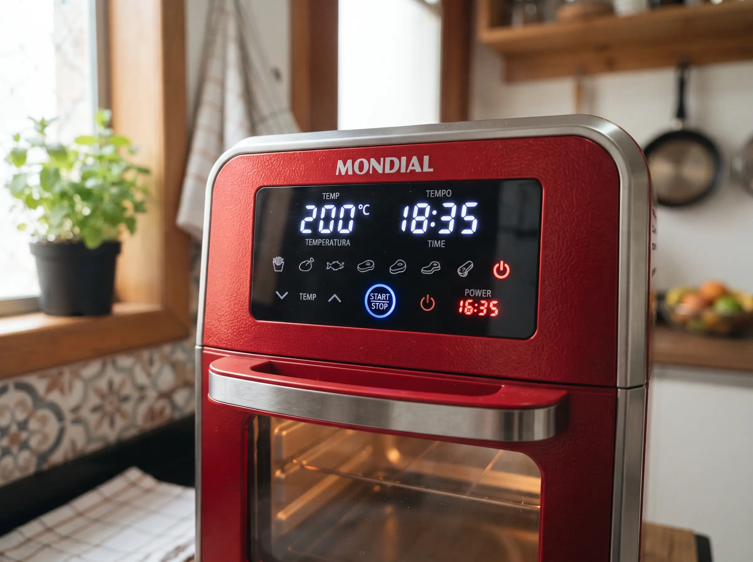 Close-up do painel digital de uma air fryer oven em funcionamento com display luminoso