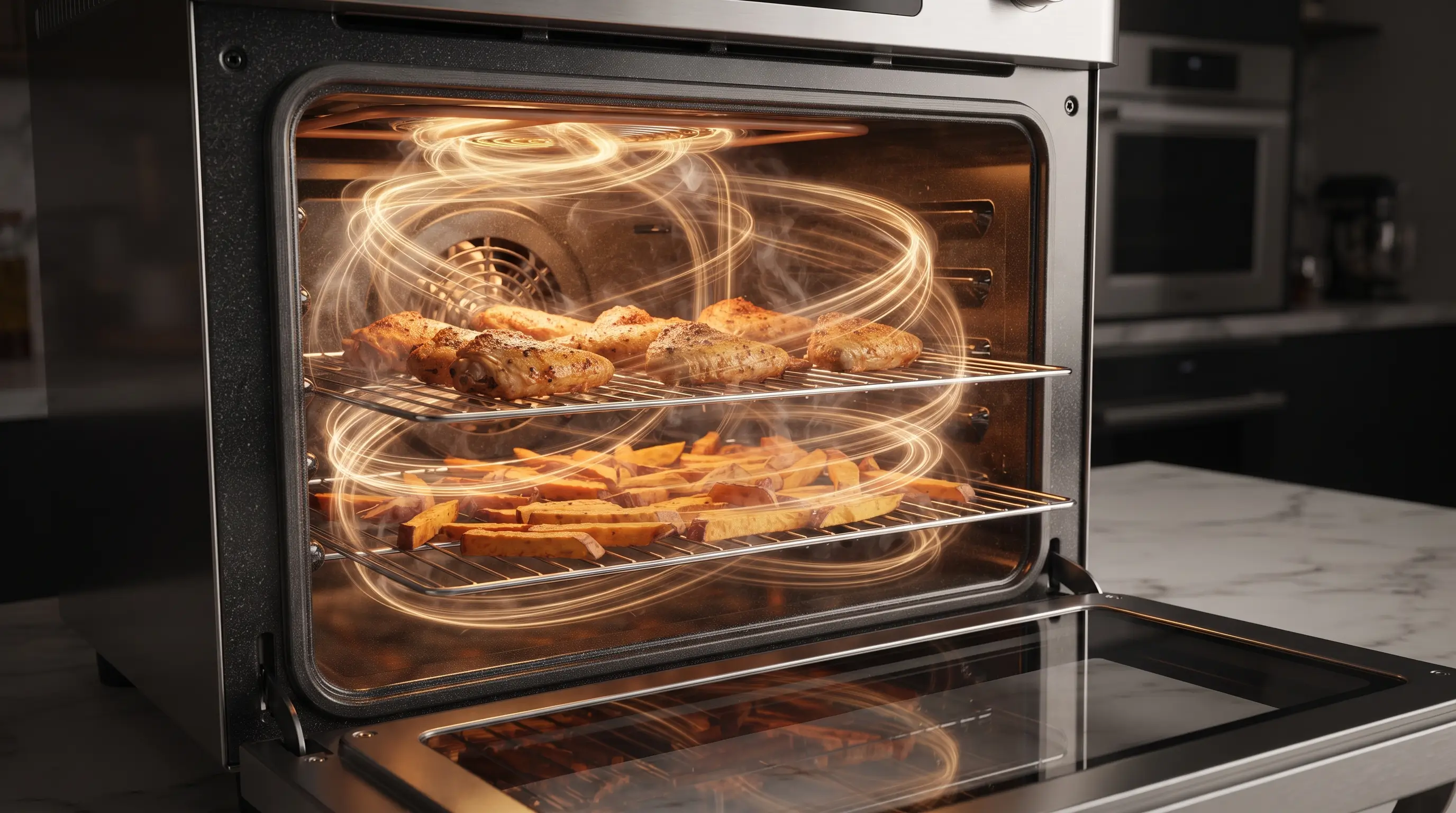 Interior espaçoso de uma air fryer oven mostrando grades e linhas visuais de circulação de ar quente 360 graus