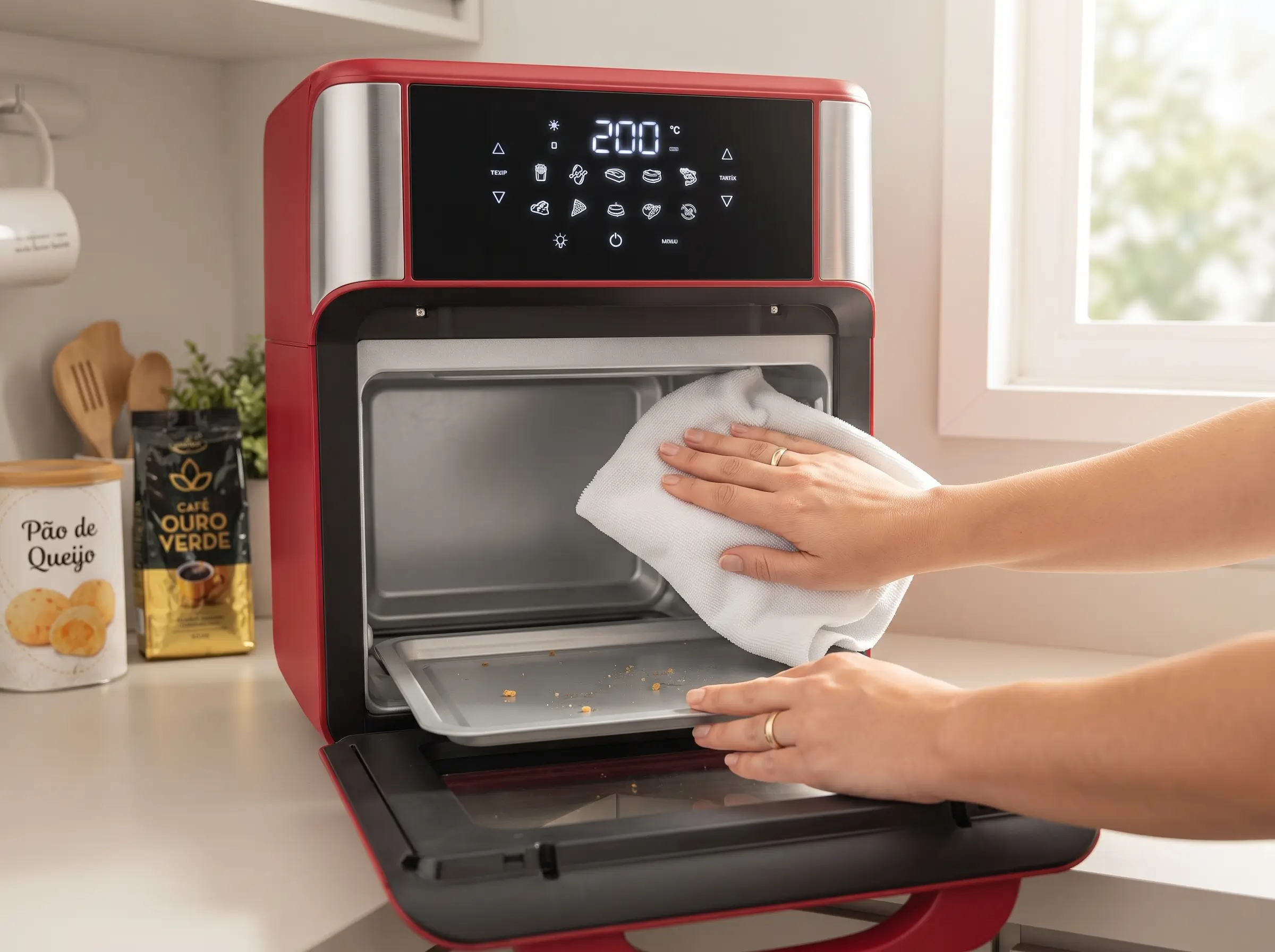 Processo de higienização e aquecimento inicial das resistências de uma air fryer oven