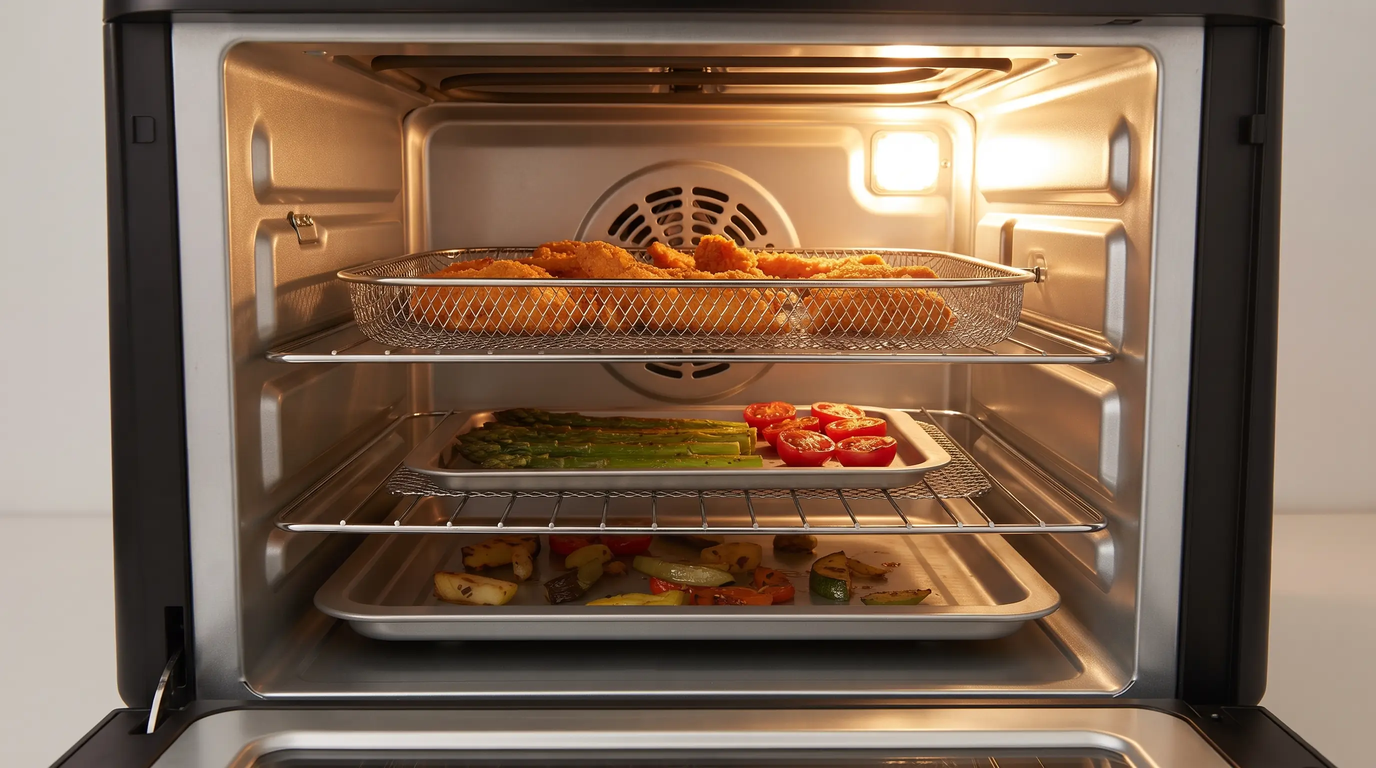 Interior de uma air fryer oven mostrando assadeiras em diferentes alturas