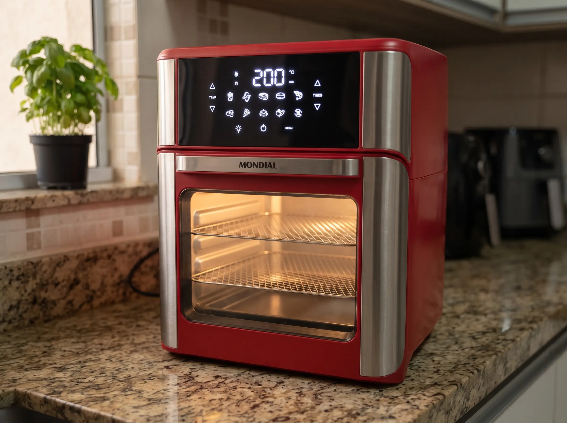 Primeiro aquecimento e teste prático com alimentos leves em uma air fryer oven